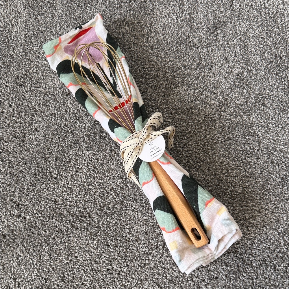 NWT! Anthropologie Wooden Handle Whisk with Patterned Kitchen Towel
